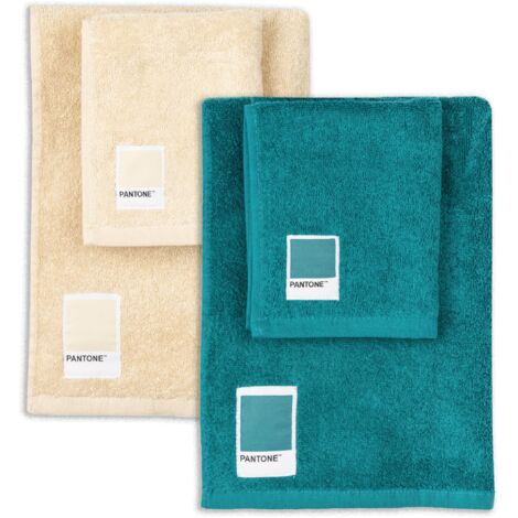 PANTONE™ - Asciugamani Bagno Viso e Bidet Spugna Puro Cotone 100% Certificato OEKO-TEX, 2 Set Asciugamani Bagno 50x100 e 40x50 Morbidi e Assorbenti anche come Asciugamano Palestra, Ottanio e Vaniglia (1/5)