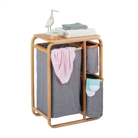 Relaxdays Cesto Portabiancheria in Bambù, 3 Sacchi di Stoffa, Mobiletto Bagno, HLP: 70x49x33,5 cm, Naturale Grigio (1/5)