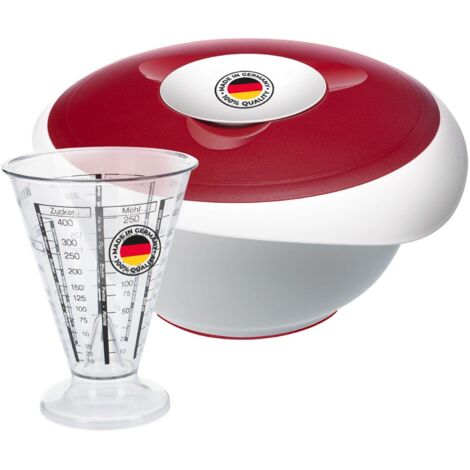 Westmark Set di cottura: 1 ciotola per mescolare e cuocere con coperchio in due parti 3,5 l + 1 misurino con cono di misurazione fine, plastica, bianco/rosso/trasparente, 315522E8 (1/5)