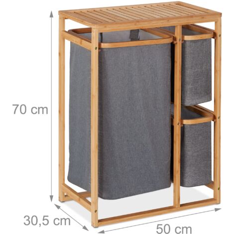 Scaffale Portabiancheria Con 3 Cesti Estraibili In Bambù | Ripiano Superiore, 70x50x30.5 Cm, Grigio Naturale Per Bagno E Camera