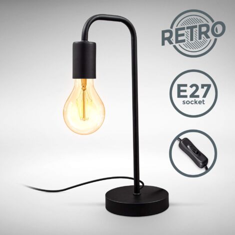 B.K.Licht, Lampada da tavolo retrò, attacco per lampadina E27 non inclusa, interruttore sul cavo, abat-jour da comodino in metallo nero opaco, lampada da lettura vintage industriale
