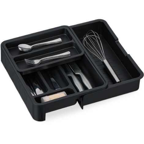 Relaxdays Portaposate da Cassetto Allungabile, HLP 6,5 x 23,5-40 x 31,5 cm, 7 Scomparti, Divisore per Posate, Nero (1/5)