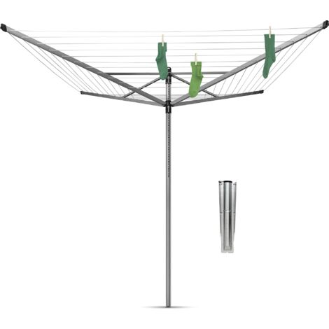 Brabantia - Stendibiancheria a Ombrello Lift-O-Matic - 60m di Spazio per Stendere - Regolabile Lavoro All'altezza (129-187 cm) - con Picchetto 45mm - Metallic Grey - ø 295cm