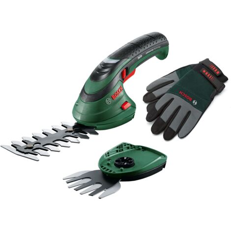Bosch Set forbici per erba a batteria Isio (3,6 Volt, lunghezza lama 12 cm, spessore di taglio 8 mm, con guanti da giardinaggio XL inclusi) (1/4)