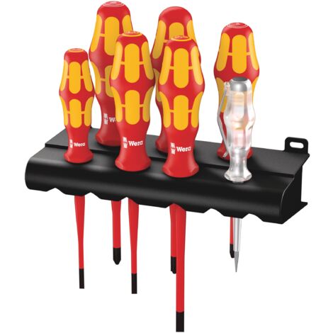 Wera 05006480001 160 iS/7 Assortimento di giravite Kraftform Plus serie 100 + tester di fase unipolare + supporto, 7 pezzi