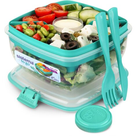 Sistema Salad TO GO Contenitore per alimenti con singoli scomparti, posate da viaggio e vasetto per condimento 1,1L Senza BPA Colori assortiti (1/4)