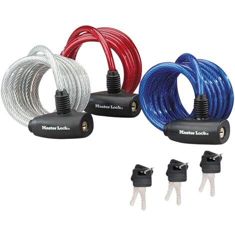 Master Lock 8127EURTRI Lucchetto Bici, Chiave, 1.8 m Cavo, Esterno, Set di 3, Pack Famiglia, Ottimo per Proteggere Bicicletta, Skateboard, Passeggino, Falciatore, Attrezzature Sportive