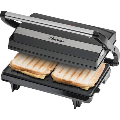 Bestron Piastra Tostapane, Griglia per panini con vassoio di raccolta, macchina per panini con impugnatura cool-touch e rivestimento antiaderente, 700 watt, Colore: Nero