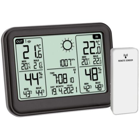 TFA Dostmann stazione meteorologica radiocontrollata Memo, 35.1141.01, temperatura e umidità, valori massimi e minimi, previsioni del tempo, con sensore esterno, nero