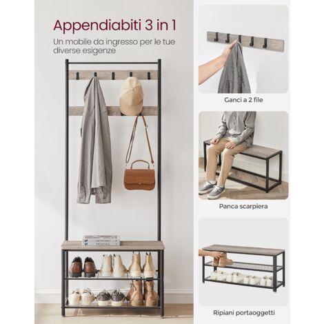 Appendiabiti Con Scarpiera 60x26x152 Cm – Struttura In Metallo Nero, 4 Ripiani In Telaio E Ganci In Plastica, Per Ingresso E Camera Da Letto