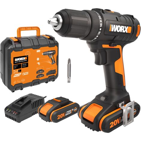 WORX WX108 - Trapano avvitatore a batteria da 20 V, avvitatore multiuso per forare e avvitare, gamma di velocità a due stadi e regolazione della coppia 20 + 1 fino a 45 Nm, con batterie da 2 Ah e