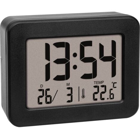 TFA Dostmann Mini sveglia digitale da comodino, 60.2044.01, orologio da tavolo, a batteria, con data e termometro interno, sveglia da viaggio, piccolo, nero (1/5)