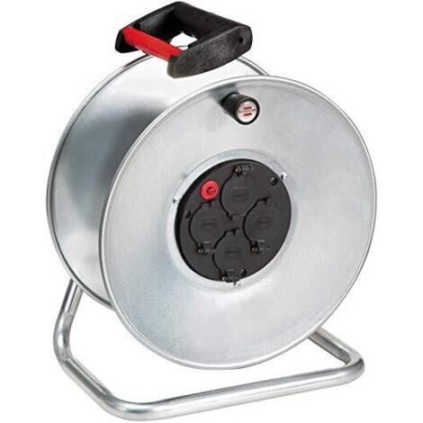 Brennenstuhl 1198515 Avvolgicavo Vuoto Serie Garant Sk, in Acciaio Zincato Antiruggine, 4 Prese Italiane 10A+16A e Schuko Coperchi Prese Autochiudenti, Maniglia Ergonomica, Argento (1/3)