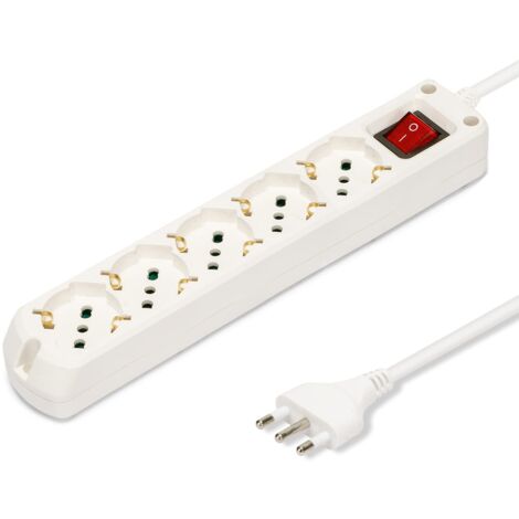 Velamp Multipresa - 5 Prese Polivalenti (Schuko + 10/16A) - Spina Grande 16A - Interruttore Luminoso – Colore Bianco (1/5)