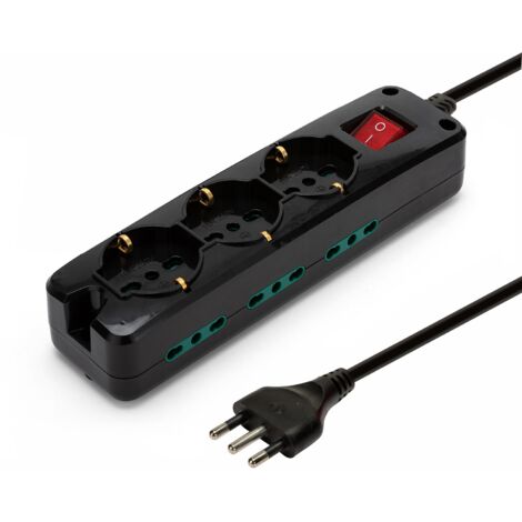 Velamp Multipresa - 3 Prese Polivalenti (Schuko + 10/16A) + 6 Prese Bivalenti (10/16A) - Interruttore Luminoso – Colore Nero (1/5)