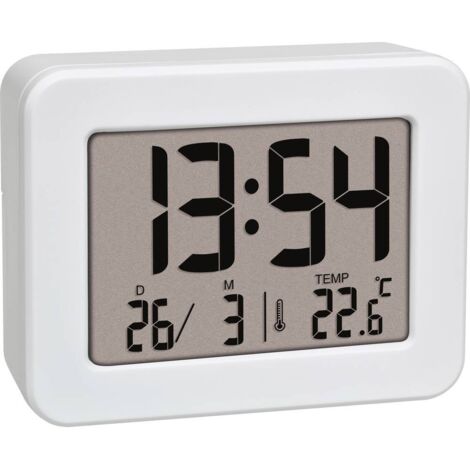 TFA Dostmann Mini sveglia con temperatura, 60.2044.02, orologio da tavolo, funzionamento a batteria, con data e termometro interno, sveglia da viaggio, piccolo, bianco (1/4)