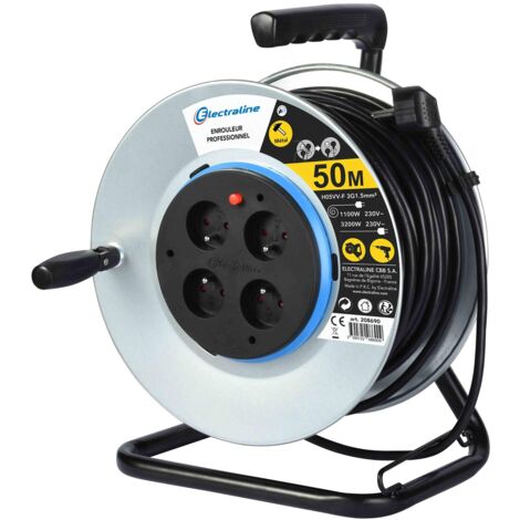 Electraline 208690 208690-Prolunga elettrica in Metallo, 50 m, 4 Prese con Guida per Il Cavo, Piastra Fissa e Impugnatura ergonomica, Grigio (1/4)