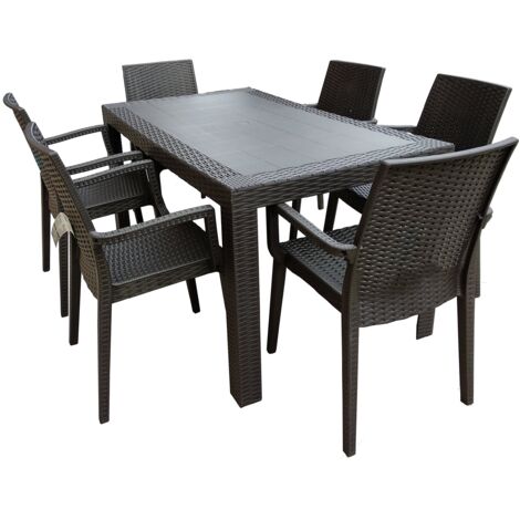 Gardenia Dimaplast2000 AMZ004 Set Top Tavolo e 6 Poltrone in Resina Effetto Rattan da Giardino, Antracite, 140x80x72 cm