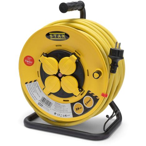 Stak REELPRO-FR-25 Avvolgitore elettrico professionale, tamburo fisso, impermeabile IP44 cavo 25 m in gomma 3G2.5m㎡ per cantiere, bricolage, giardino. 4 Prese, telaio in acciaio, Giallo
