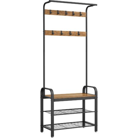 VASAGLE Appendiabiti con Scarpiera, Mobile da Ingresso con Panca, 4 in 1, 9 Ganci Rimovibili, Barra Attaccapanni, Entrata Corridoio, 33,7 x 77 cm, Industriale, Noce Medio e Nero HSR040B41