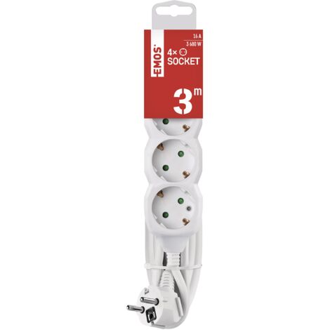 EMOS - Ciabatta elettrica a 4 prese, cavo bianco, prese ruotate a 45°, 1,5 mm, Schuko, con sicurezza per bambini, IP20, per interni 3 m