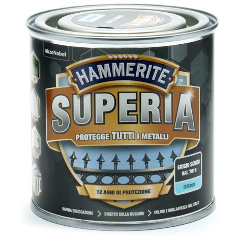 Hammerite Superia smalto metallo antiruggine interno e esterno, Brillante Grigio Scuro, 250 ml