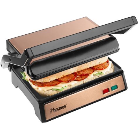 Bestron Griglia elettrica a contatto con vaschetta di raccolta, con manico Cool Touch e apertura a 180°, paninimaker con rivestimento antiaderente, modello principiante, collezione in rame, colore: