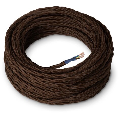 Amarcords - Cavo elettrico tessile colore MARRONE, trecciato, seta, 20 metri, con messa a terra 3x0,75mm - Filo rivestito in tessuto colorato vintage per lampade lampadari applique e abat jour. (1/5)