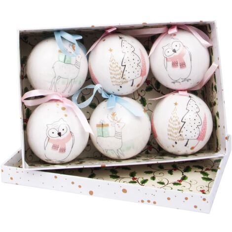 Ciao- Set 6 sfere decoupage ornamentali Merry Christmas Albero, Renna e Gufo (Ø 7,5 cm) con nastro in tessuto per albero di Natale in giftbox (1/5)