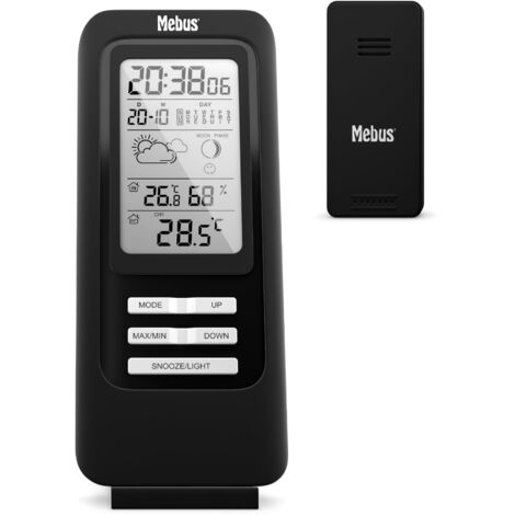 Stazione meteo radio con sensore esterno, temperatura e umidità interno/ esterno, grande display LCD, previsioni meteo, orologio radio DCF, fasi lunari, barometro, alba e tramonto