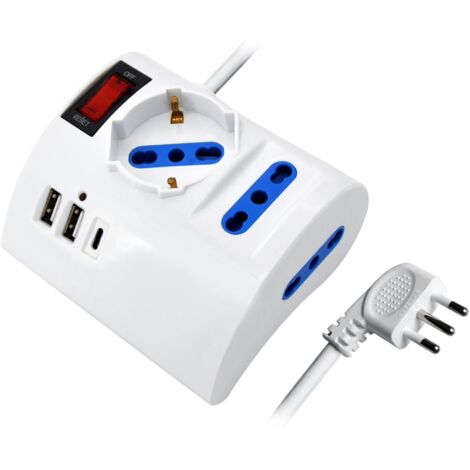 Ewent Multipresa da scrivania/tavolo con 3 Prese 10/16A e 2 porte USB-A e 1 porta USB-C, Interruttore ON/OFF, 3500W, Protezione da Sovraccarico,Spina IT10A e cavo da 2mt,Bianca, 3 prese (2ITA/Schuko)