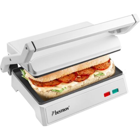 Bestron - Griglia elettrica a contatto con vassoio di raccolta, sandwich maker con manico cool touch e apertura a 180°, con rivestimento antiaderente, modello per principianti, APM124W, colore: bianco
