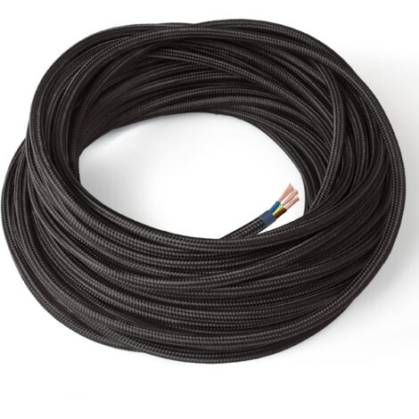 Amarcords - Cavo elettrico tessile colore NERO, tondo, seta, 50 metri, con messa a terra 3x0,75mm - Filo rivestito in tessuto colorato vintage per lampade lampadari applique e abat jour. (1/4)