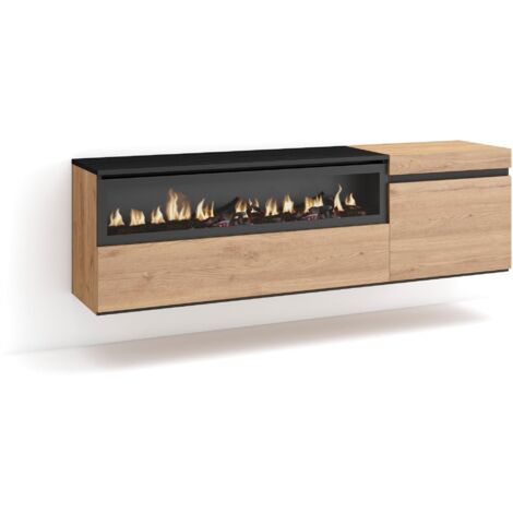 Skraut Home Mobile TV Soggiorno Ampio spazio a disposizione 150x45x35cm Per TV fino a 65" Camino elettrico Sospeso, da appendere Stile moderno Rovere e nero (1/5)
