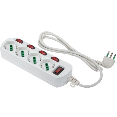 FANTON 474344 Multipresa OMEGA 4 prese bipasso schuko 2P+T 16A con interruttore luminoso su ogni presa cavo 1,5 m. 3G0,75 H05VV-F spina piccola 10A + interruttore automatico luminoso di sovraccarico (1/3)