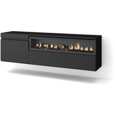 Skraut Home  Mobile TV Soggiorno  Ampio spazio a disposizione  150x45x35cm  Per TV fino a 65"  Camino elettrico  Sospeso, da appendere  Stile moderno  Nero (1/5)