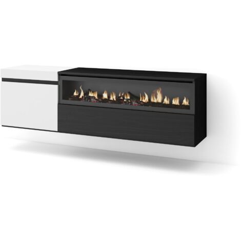 Skraut Home Mobile TV Soggiorno Ampio spazio a disposizione 150x45x35cm Per TV fino a 65" Camino elettrico Sospeso, da appendere Stile moderno Bianco e nero (1/5)