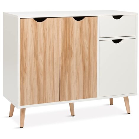 Mondeer Madia Moderna, Credenza Cucina con 3 Ante 1 cassetti per Soggiorno Cucina Corridoi, Colore del Legno e Bianco 90 x 30 x 73 cm