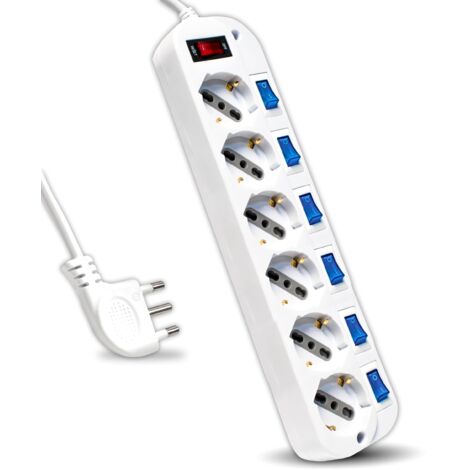 V-TAC Multipresa Elettrica con Interruttori Indipendenti - 6 Prese 10/16A Bipasso + Schuko - Spina 16A - Presa Elettrica per Casa, Ufficio, Negozio - Ciabatta - Colore Bianco (1/5)