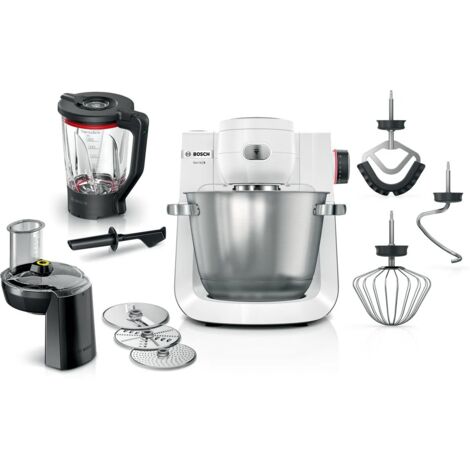 Bosch Serie 6 - Macchina da Cucina, Potenza Motore 1600 Watt, Sistema di Miscelazione 3D, Set Pasticceria, Tritatutto, Frullatore in Vetro ThermoSafe, Acciaio Inox Bianco/Argento, MUMS6EW22