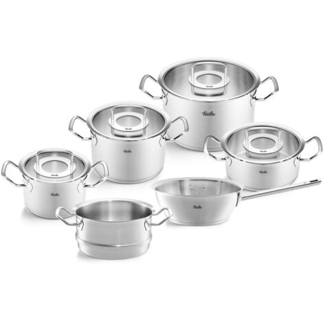 Fissler Original,Profi Collection Set di pentole in acciaio inox, 6 pezzi, pentole con coperchio in vetro 3 pentole, 1 padella, 1 padella senza coperchio, 1 inserto per cottura a vapore , induzione (1/4)