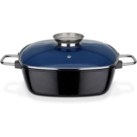 GSW Ceramica Kobaltblau Rostiera Extra Alta con Coperchio in Vetro, pomello Aroma, 28 x 28 x 8,5 cm, 5 l, Acciaio Inossidabile, Blu, 28 cm (1/5)
