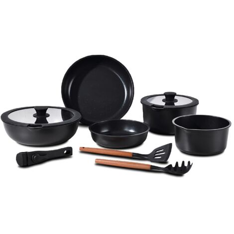 BERGNER CLICK&COOK - Set 10 PZ Pentole Easy Click nere - Padelle e casseruole con rivestimento antiaderente - Include coperchio e utensili - Manico rimovibile - Adatto a tutti i fornelli (1/3)