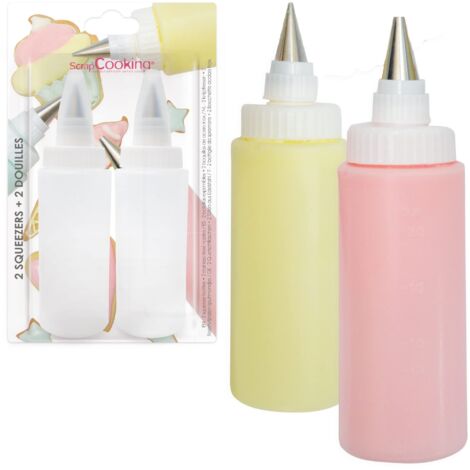 ScrapCooking 5165-2 flaconi squeezers + boccole da 185 ml, bottiglia da pasticceria, per gelati, torte, biscotti, frollini, dolci, salsa al cioccolato, plastica alimentare flessibile da cucina (1/5)