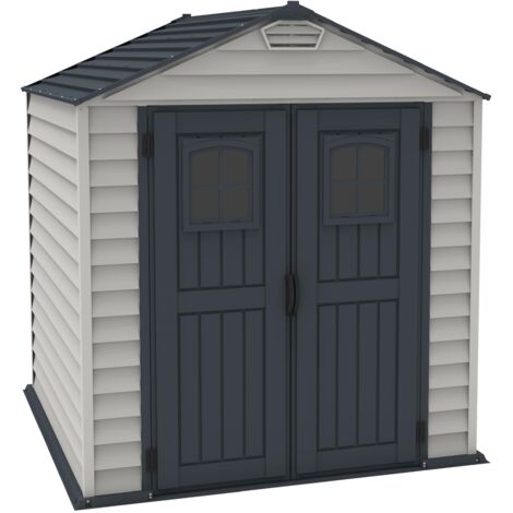 Duramax StoreMax Capanno da giardino in plastica, 7 x 7, con pavimento, e finestra fissa su porte, struttura in metallo resistente ignifugo e senza manutenzione, Grigio scuro/Adobe