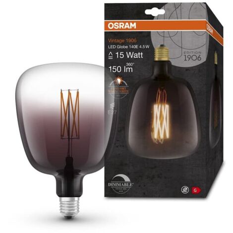 OSRAM Lampada LED Vintage 1906 vetro fumé, 4,5W, 150lm, forma Globo con diametro 140mm e attacco E27, luce bianca calda, filamento lineare, dimmerabile, durata fino a 15.000 ore