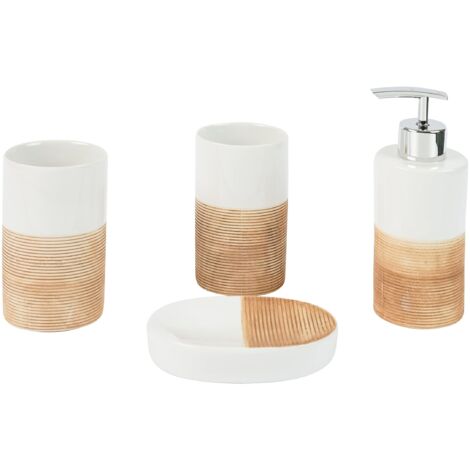 axentia Set accessori da bagno da 4 pezzi in dolomite "Rimini", set bagno 2 bicchieri portaspazzolino, dispenser di sapone e portasapone, beige (1/5)
