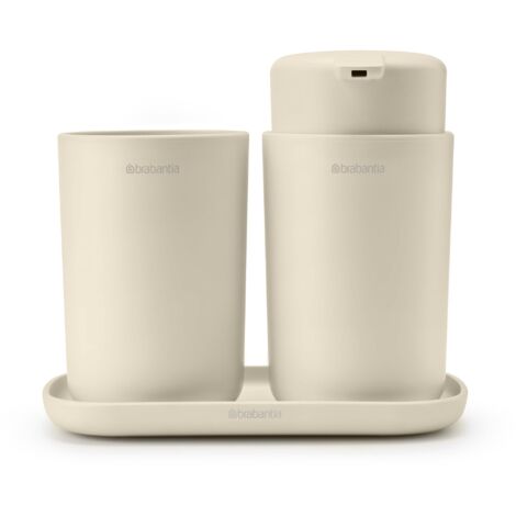 Brabantia - ReNew Set di Accessori per il Bagno - Dispenser per Sapone, Portaspazzolino & Vassoio - Meccanismo a Pompa Antigoccia - Resistente alla Corrosione - Set da Bagno da 3 - Soft Beige