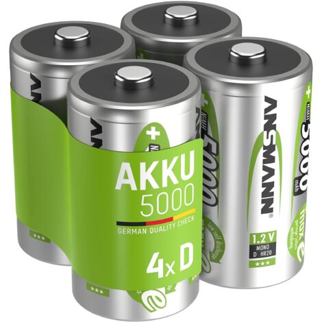 ANSMANN 4x Batterie ricaricabili stilo Mono D - 5000 mAh 1,2 V NiMH - Pila a ricarica veloce - fino a 1000 cicli di ricarica eco-friendly