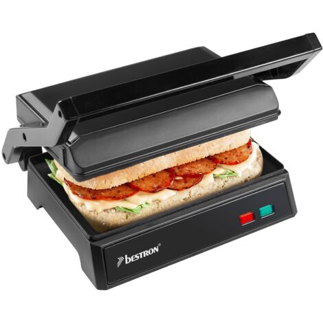 Bestron - Griglia elettrica a contatto con vassoio di raccolta, sandwich maker con manico cool touch e apertura a 700°, con rivestimento antiaderente, modello per principianti, APM123Z, colore: nero